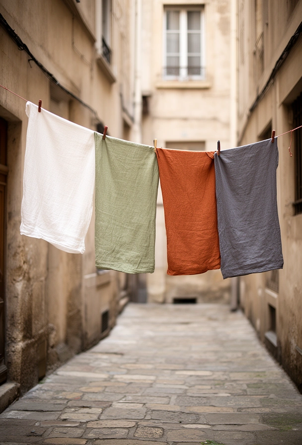 Toiles de lin de plusieurs couleurs qui sèchent sur un fil dans une cour d'immeuble
